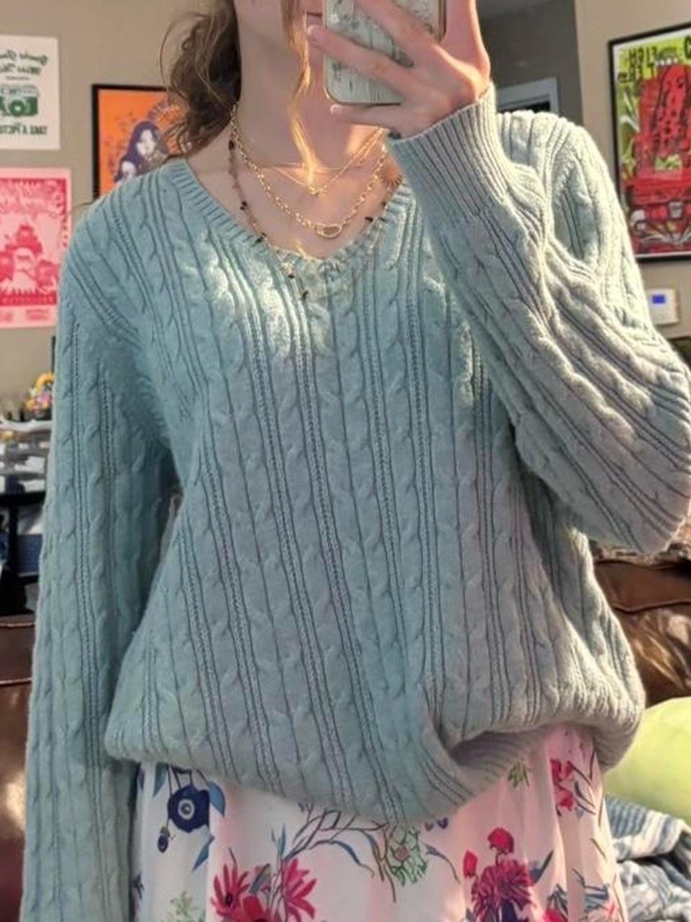 St. John's Bay Light Blue/ teal Cable Knit V-Neck Sweater